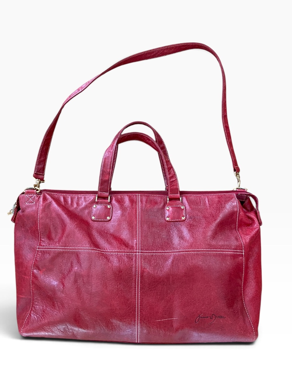 Junior Drake Red Distressed Leather Satchel Weekender Tote Bag